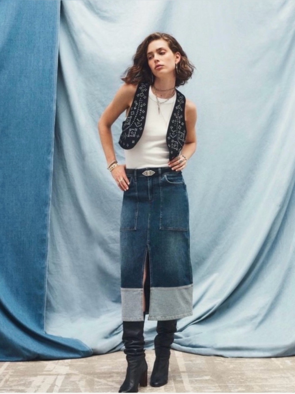 ba&sh Vicky Denim Midi Skirt Anthropologie Colorblock Front Slit NWT Two Tone 34